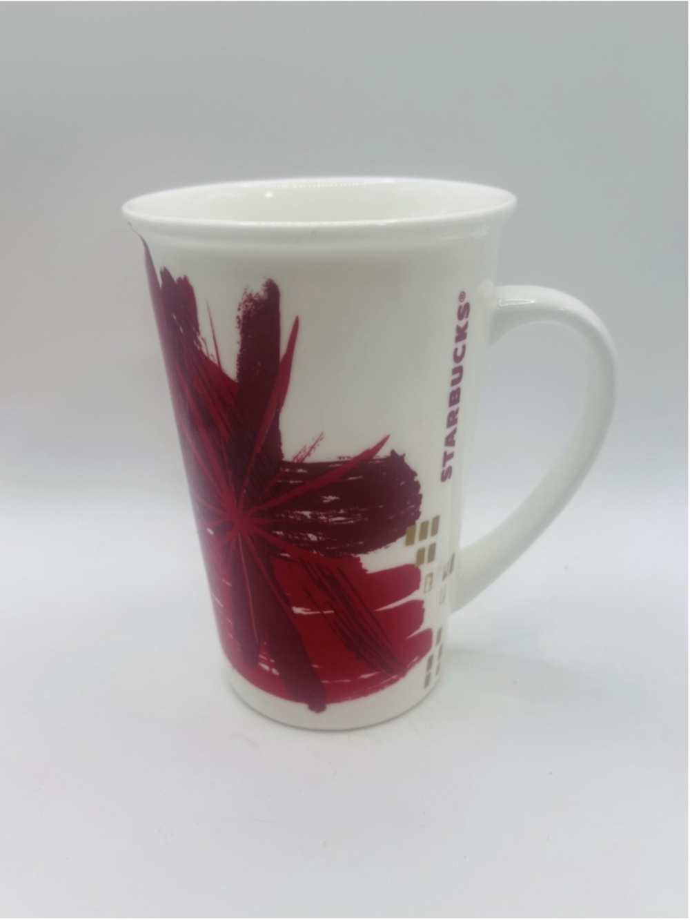 Starbucks Coffee Mug 2014 Tall Red White Gold Starburst Floral Ceramic 12oz